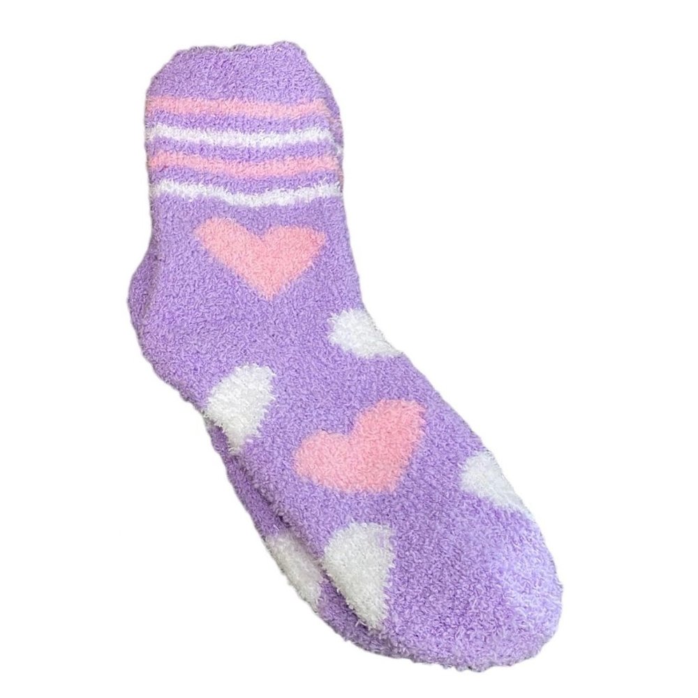 Fuzzy Heart Print Socks Lavender Pink White One Pair One Size NWT